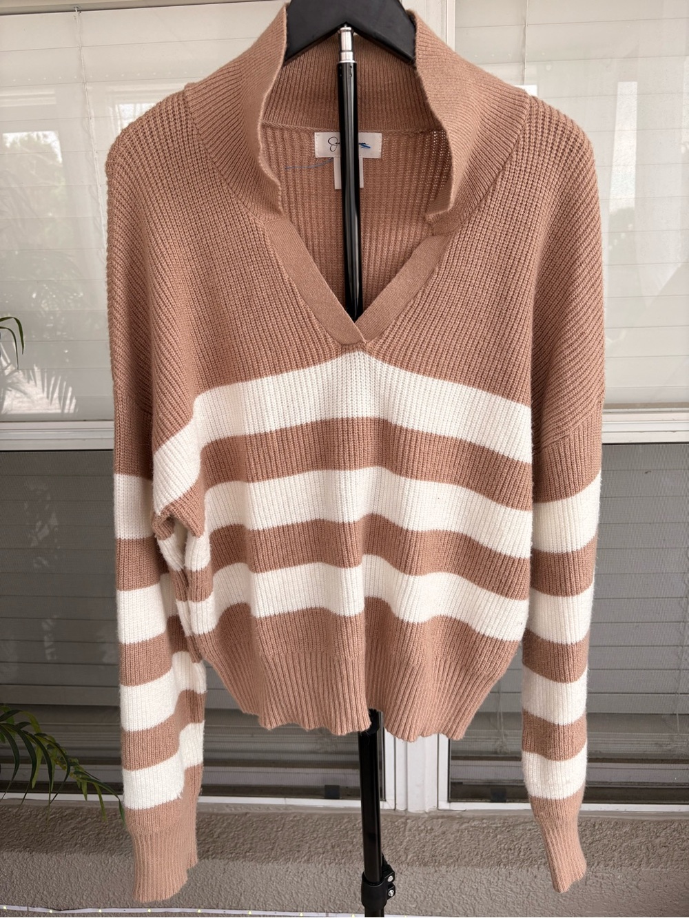 Jessica Simpson Cream and Tan Striped V-Neck Sweater